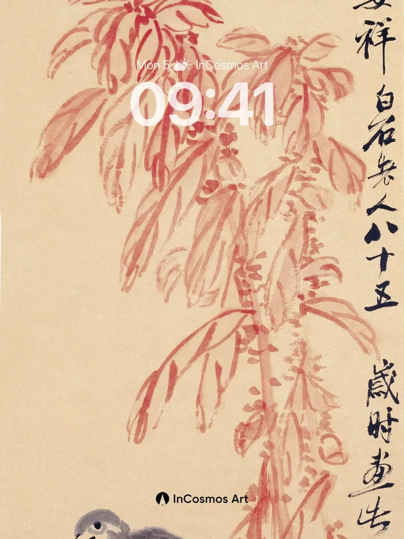 Serene Ink Birds Wallpaper with Crimson Leaves