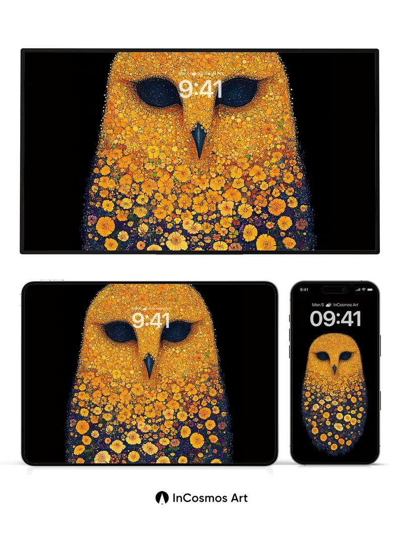 Golden Bloom Owl Wallpaper with Floral Constellation