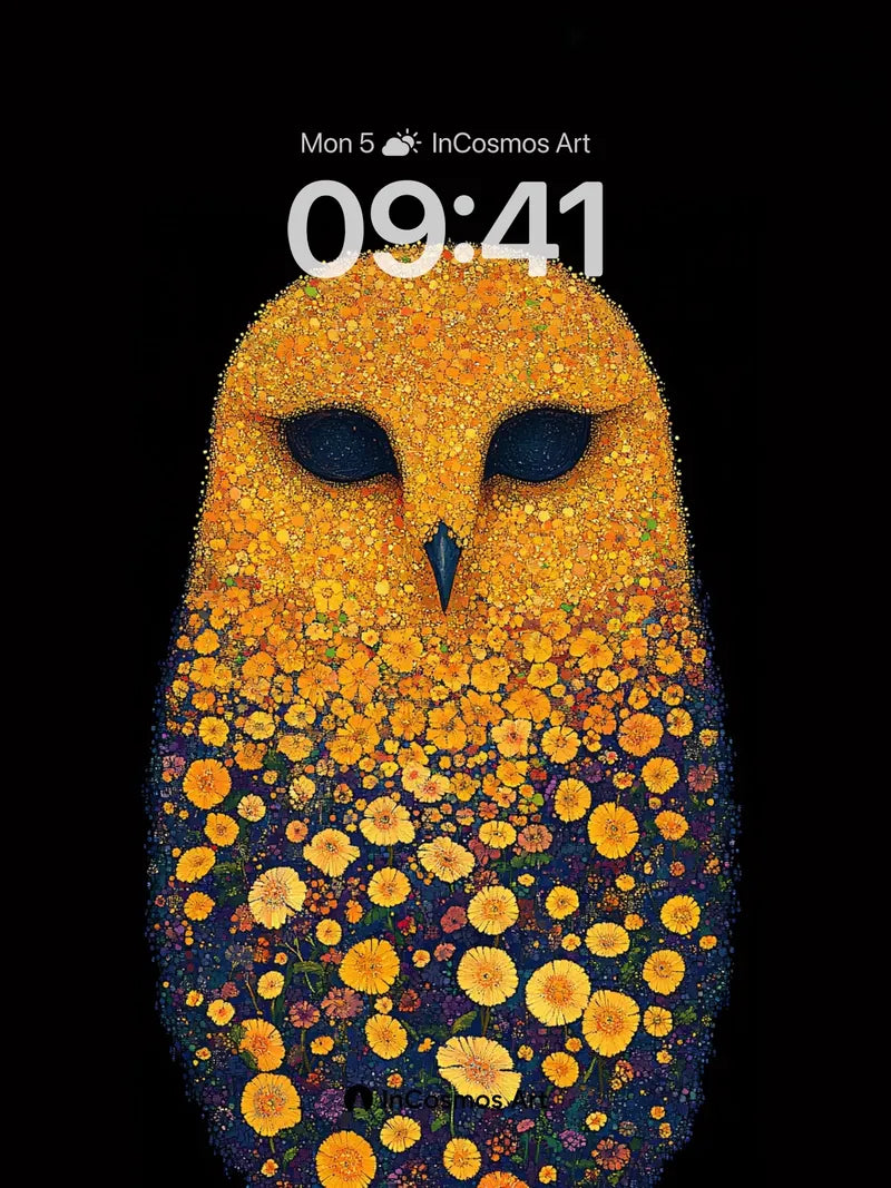 Golden Bloom Owl Wallpaper with Floral Constellation