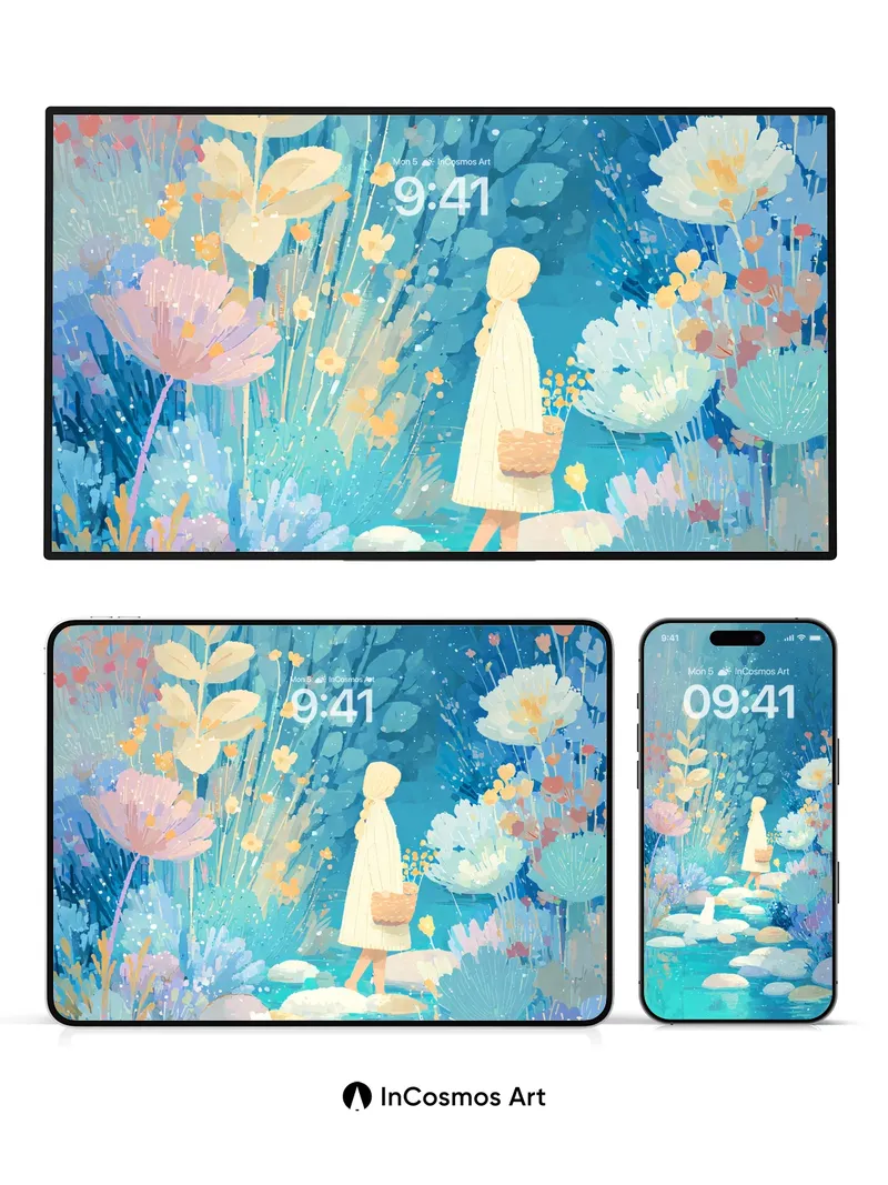Luminous Garden Wallpaper with Floating Stones