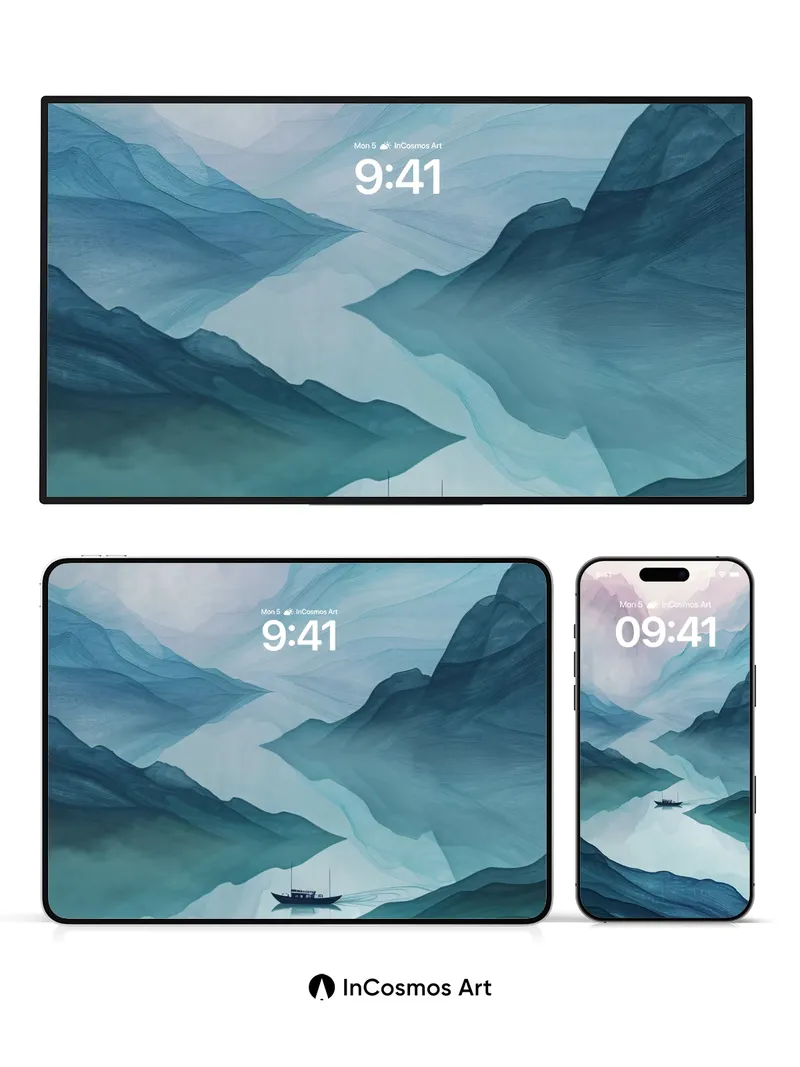 Mist-Woven River Wallpaper with Floating Vessel