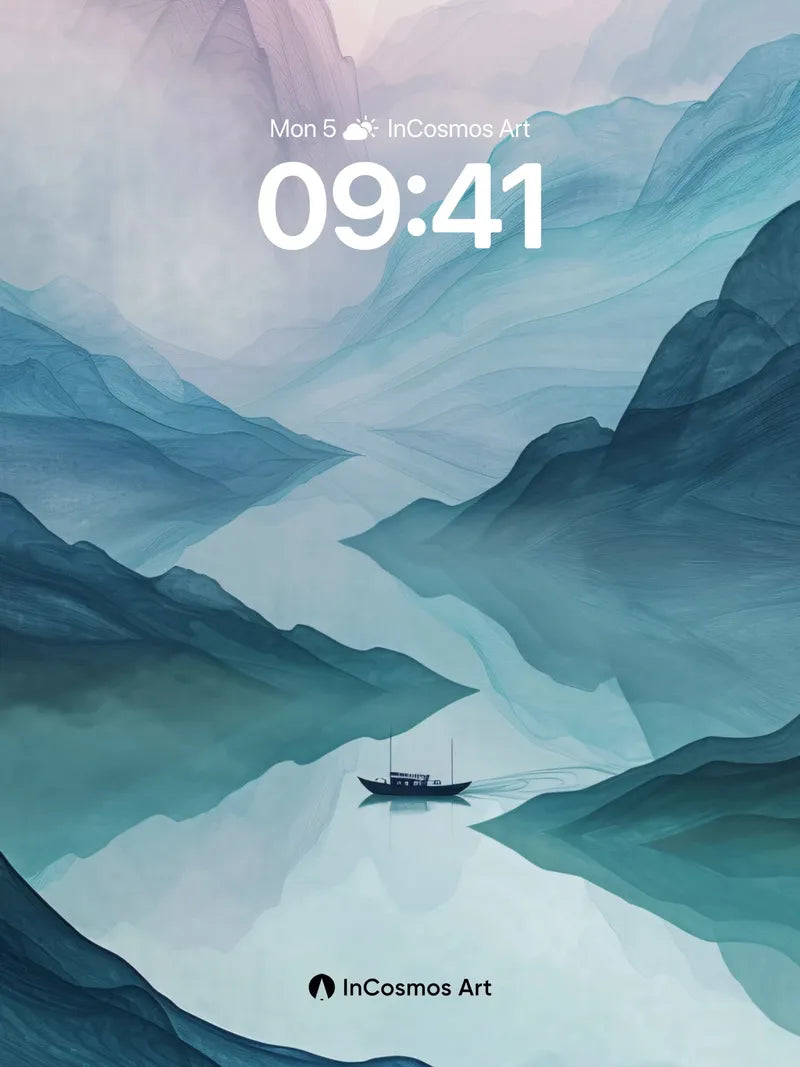 Mist-Woven River Wallpaper with Floating Vessel