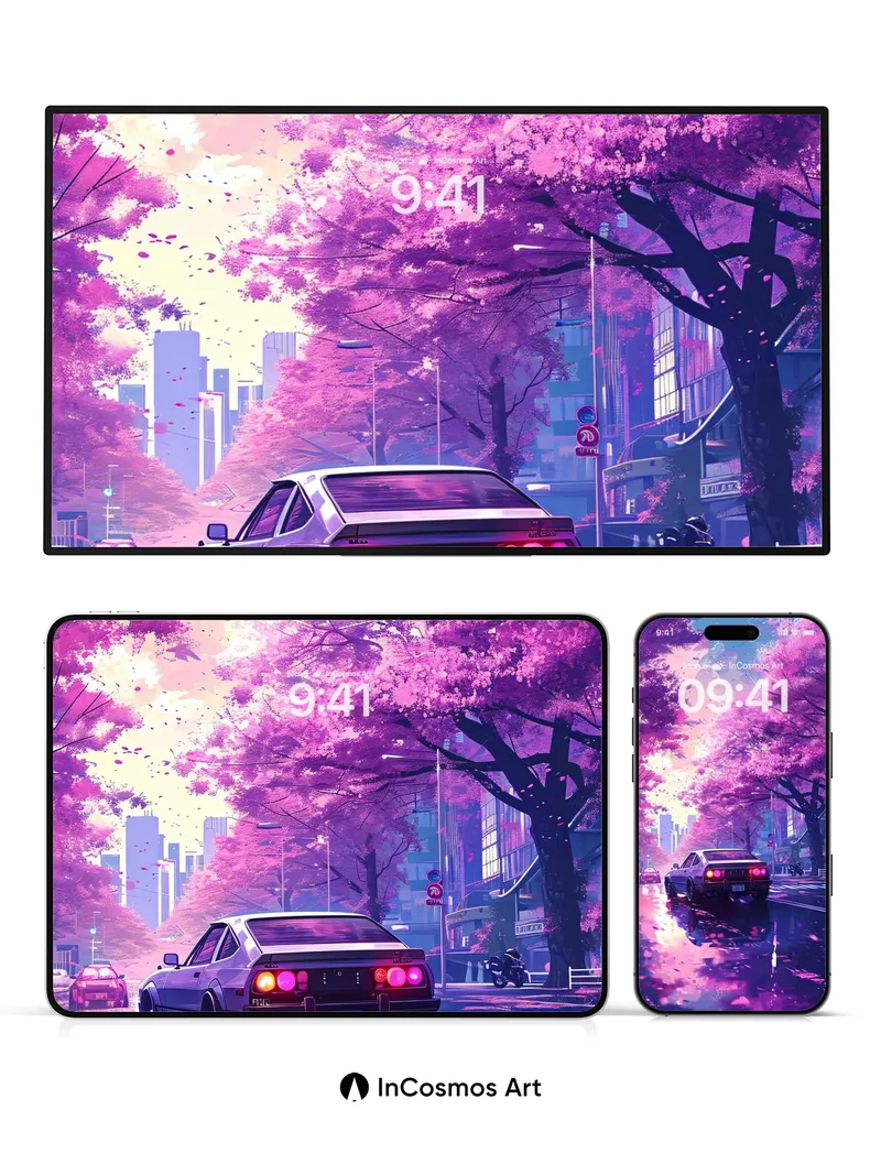 Neon Sakura Wallpaper with Rain-Reflective Roads