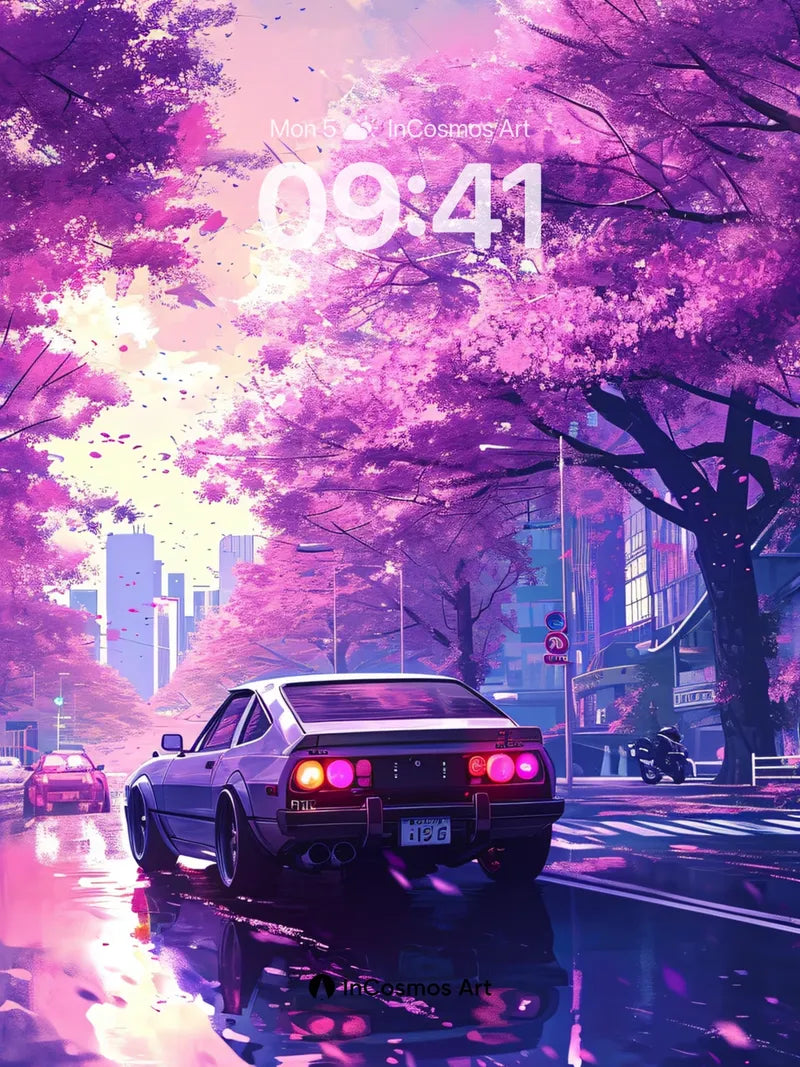 Neon Sakura Wallpaper with Rain-Reflective Roads