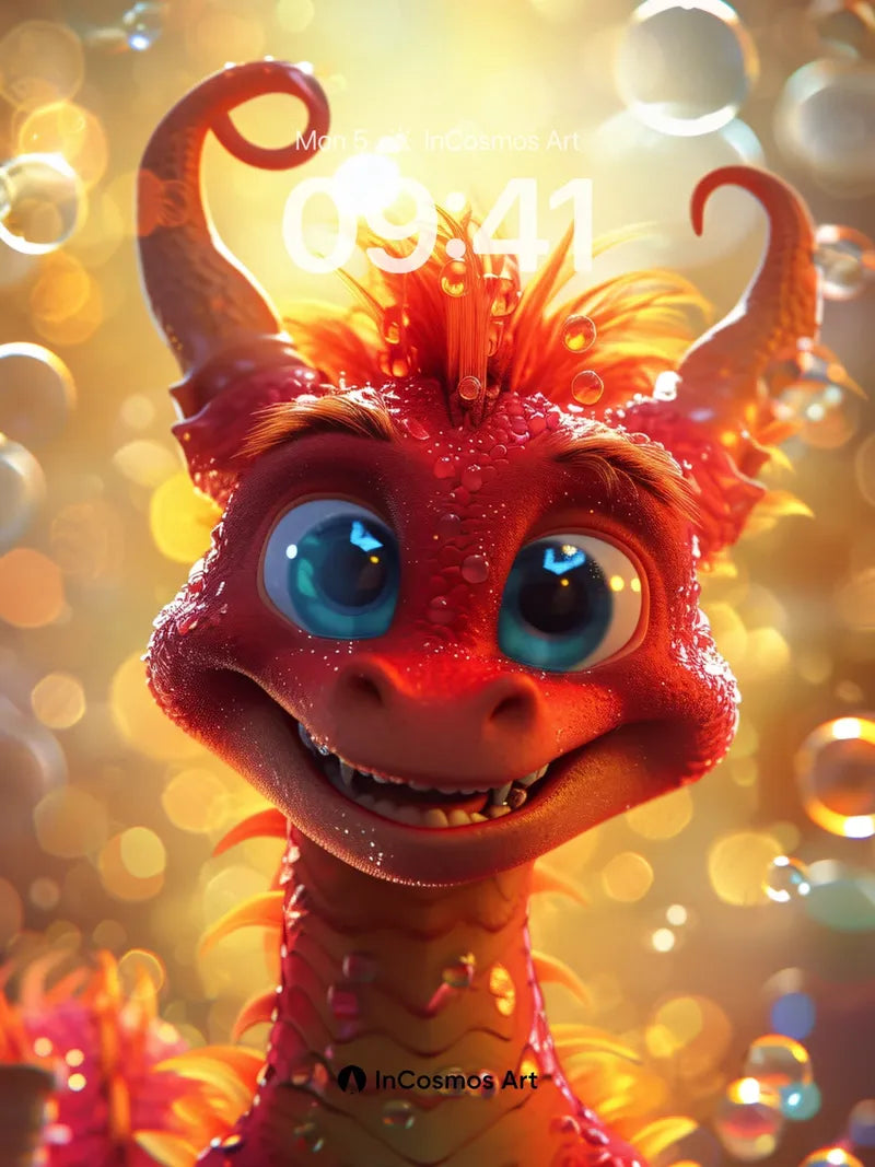 Gleaming Ember Dragon Wallpaper with Floating Bubbles wallpaper for iPhone, iPad & Mac