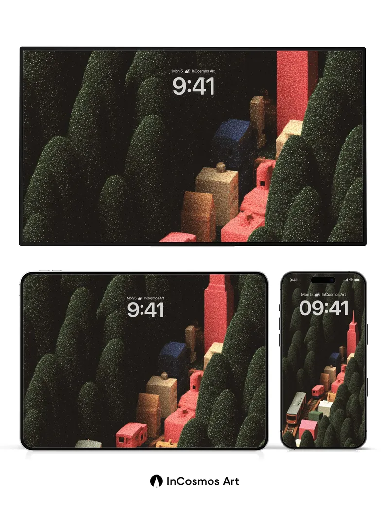 Whispering Forest Wallpaper with Miniature City