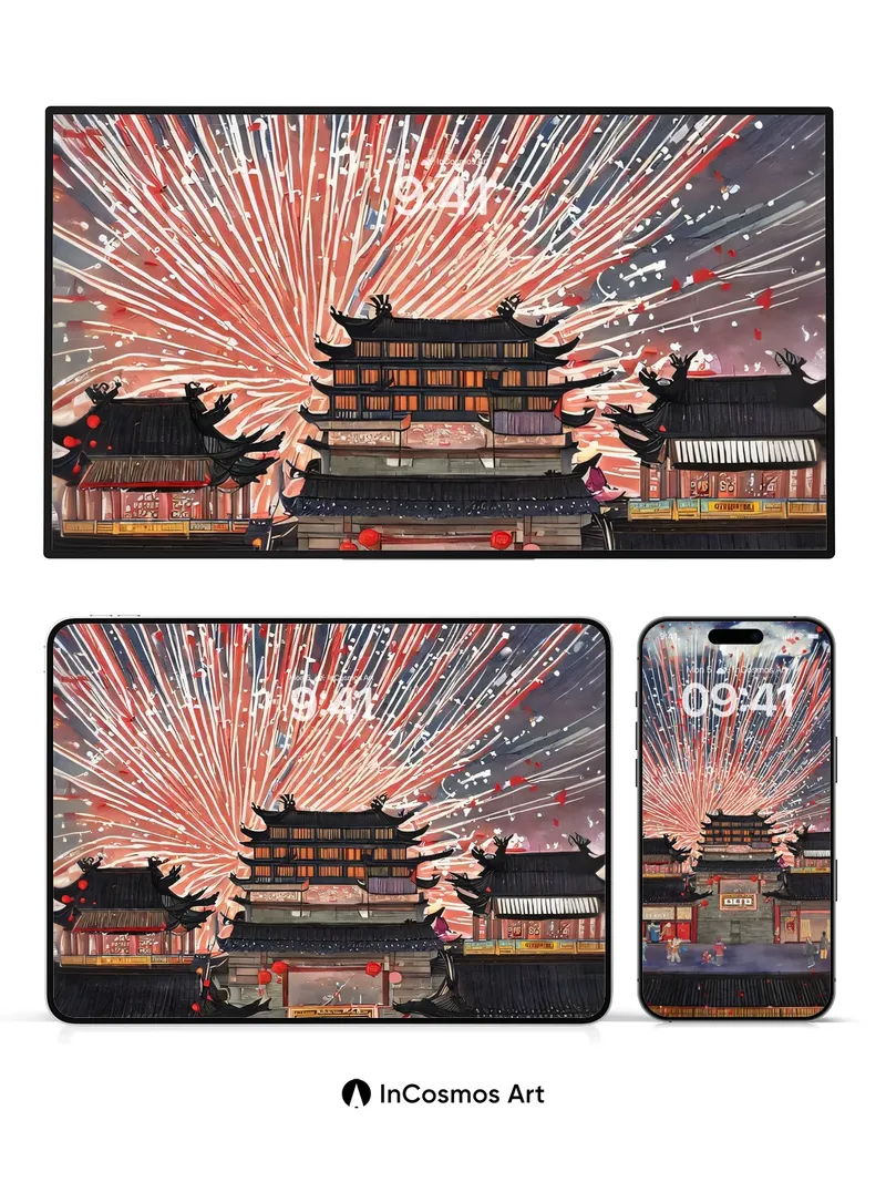 Firework Reverie Wallpaper with Ancient Gate