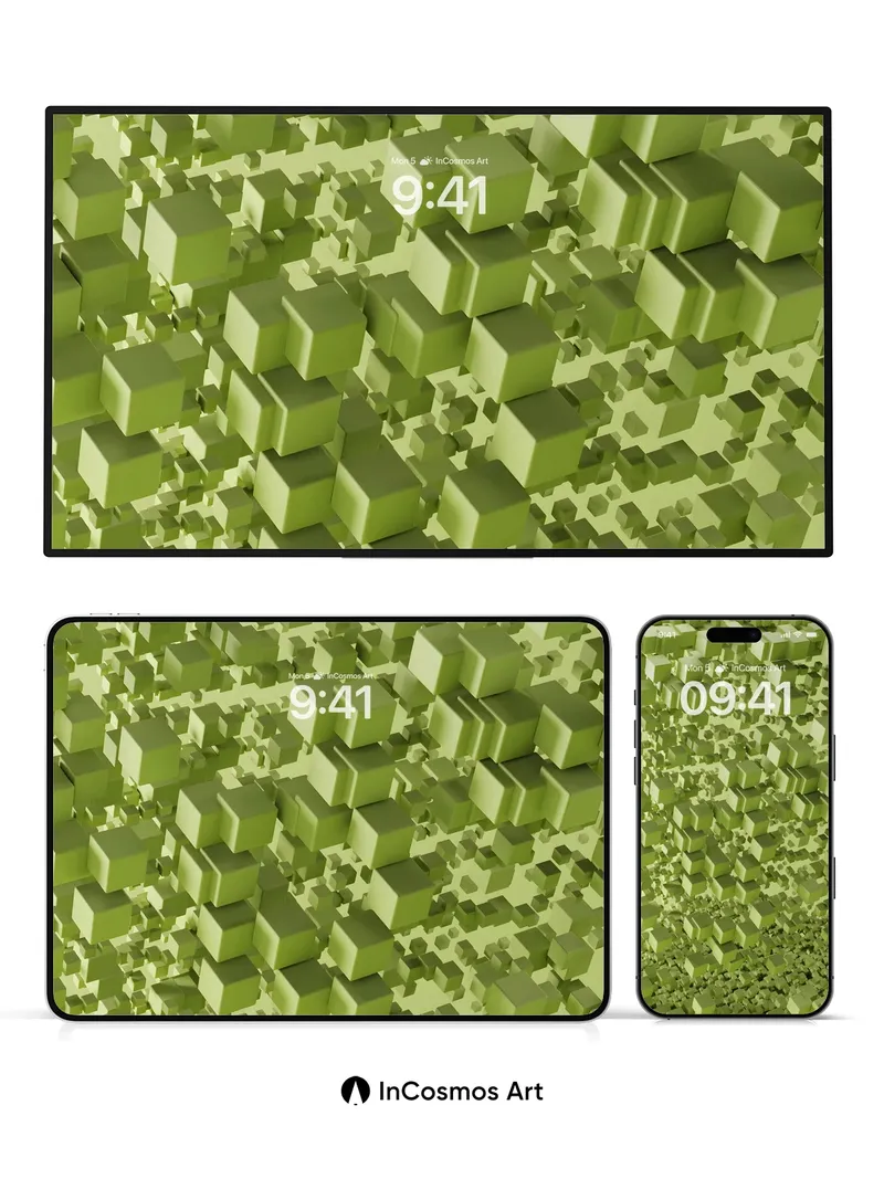 Emerald Grid Wallpaper with Floating Cubes