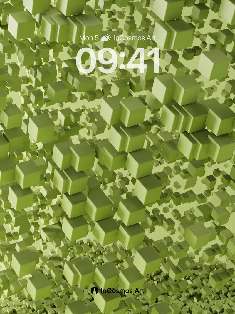 Emerald Grid Wallpaper with Floating Cubes