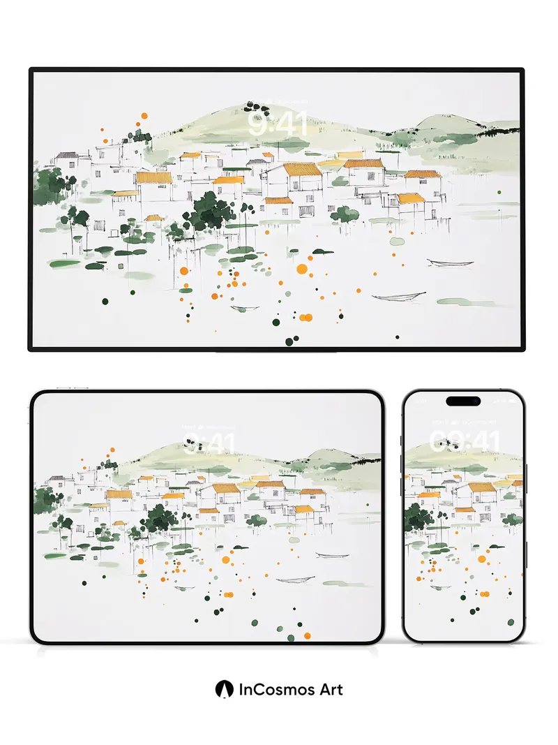 Serene Village Wallpaper with Floating Ink Dots