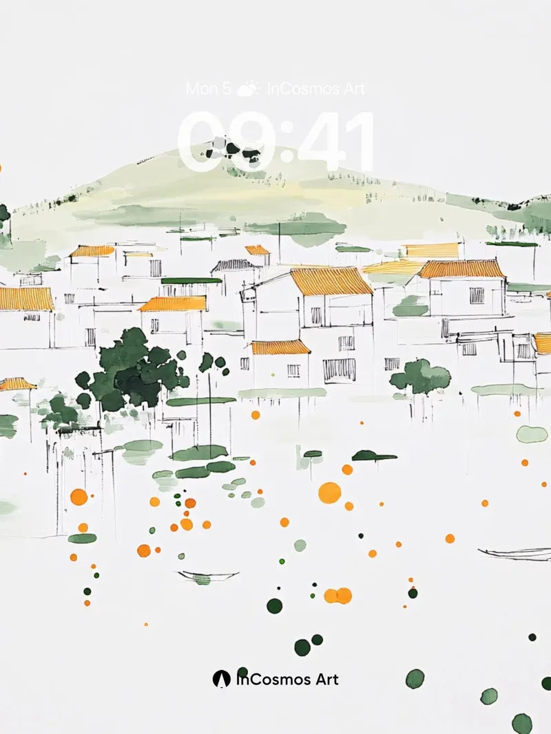 Serene Village Wallpaper with Floating Ink Dots