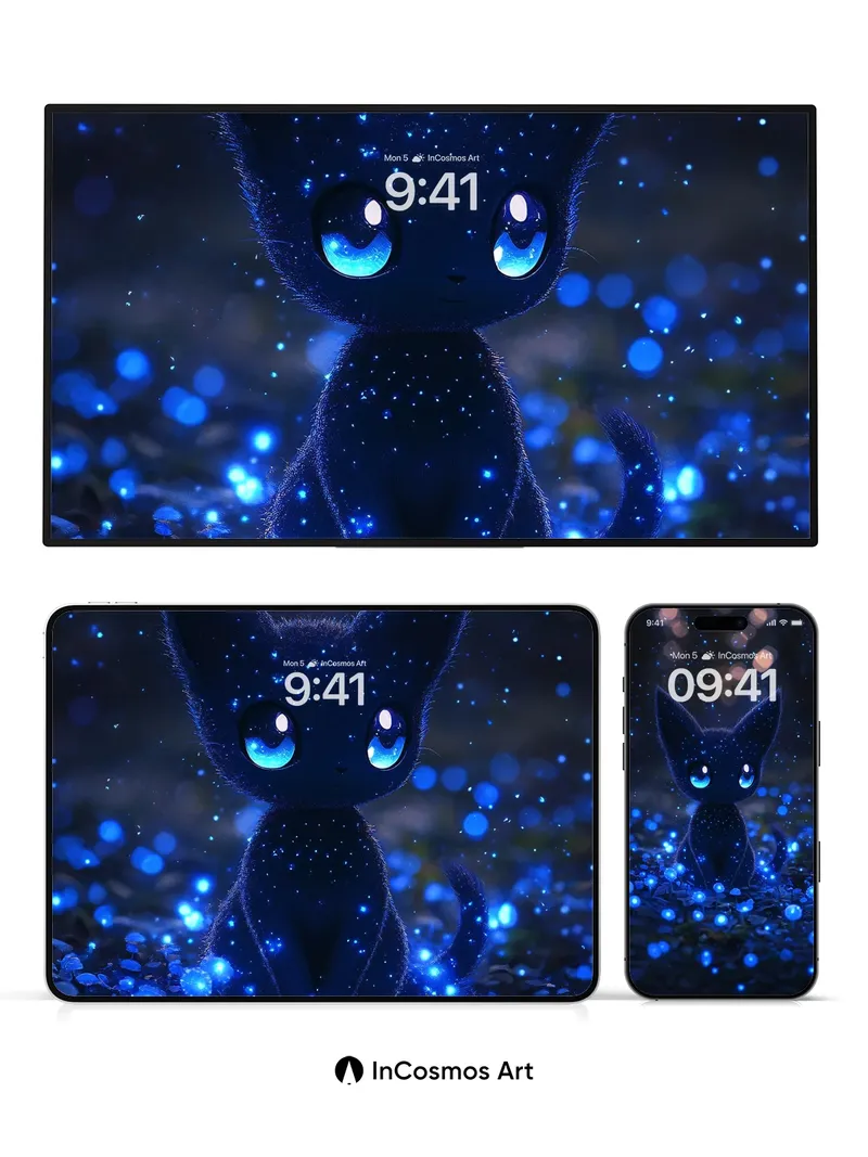 Starry Night Kitten Wallpaper with Bioluminescent Forest