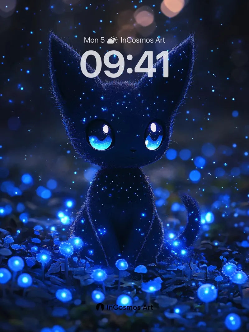 Starry Night Kitten Wallpaper with Bioluminescent Forest