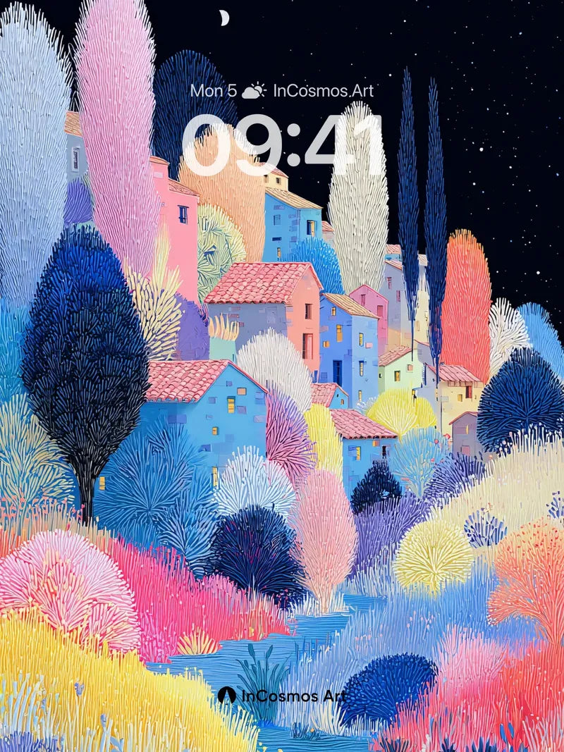 Whimsical Village Wallpaper with Starlit Sky wallpaper for iPhone, iPad & Mac