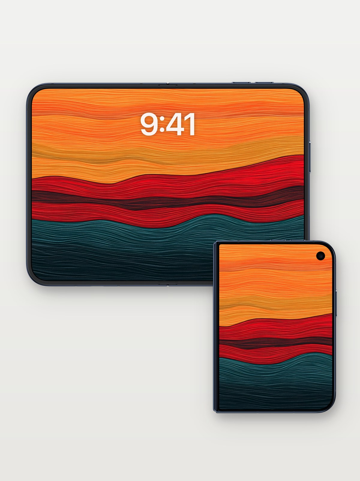 Fiery Horizon Wallpaper with Liquid Strata on iPhone Duo, open and closed