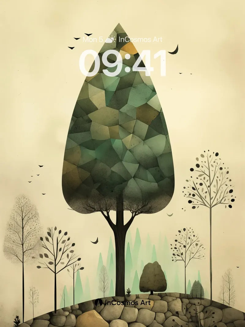 Geometric Forest Wallpaper with Stone Hill