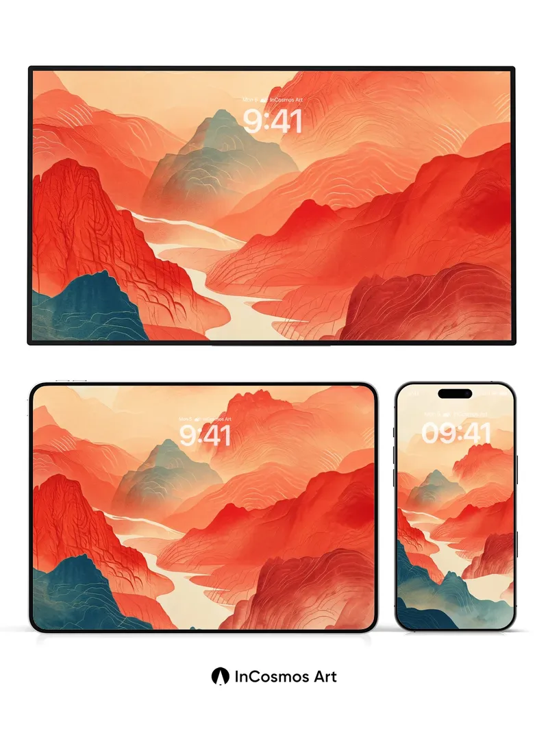 Crimson Valley Wallpaper with Misty Peaks