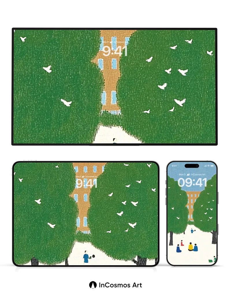 Serenity Between Trees Wallpaper with Floating Birds