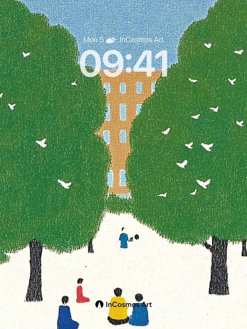 Serenity Between Trees Wallpaper with Floating Birds