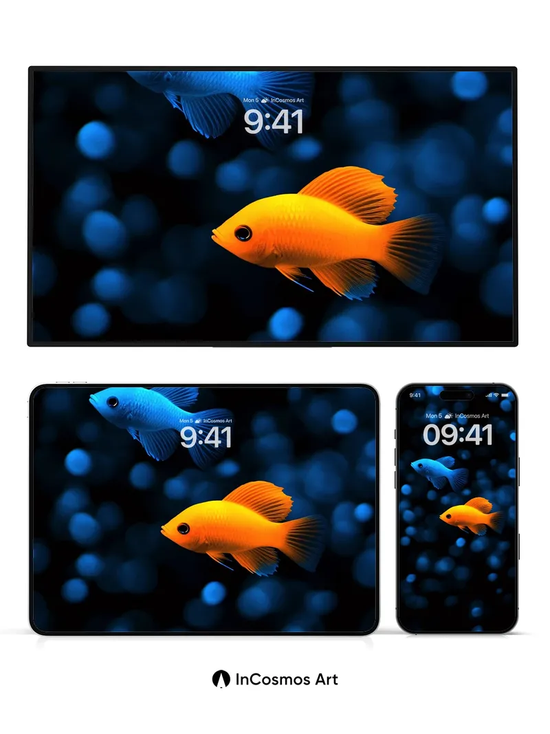 Neon Mirage Wallpaper with Floating Fish