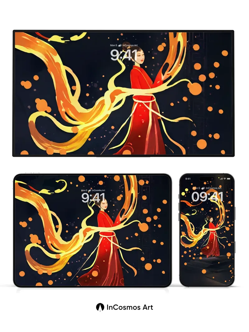 Fiery Serenade Wallpaper with Dancing Ribbons