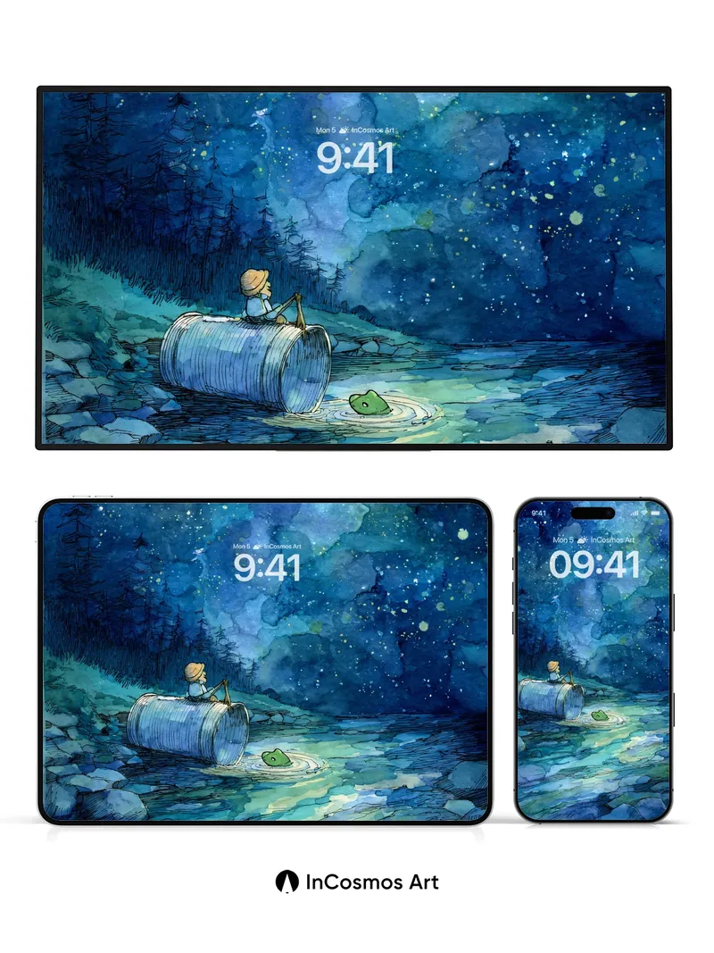 Starry River Journey Wallpaper with Tin Can Boat