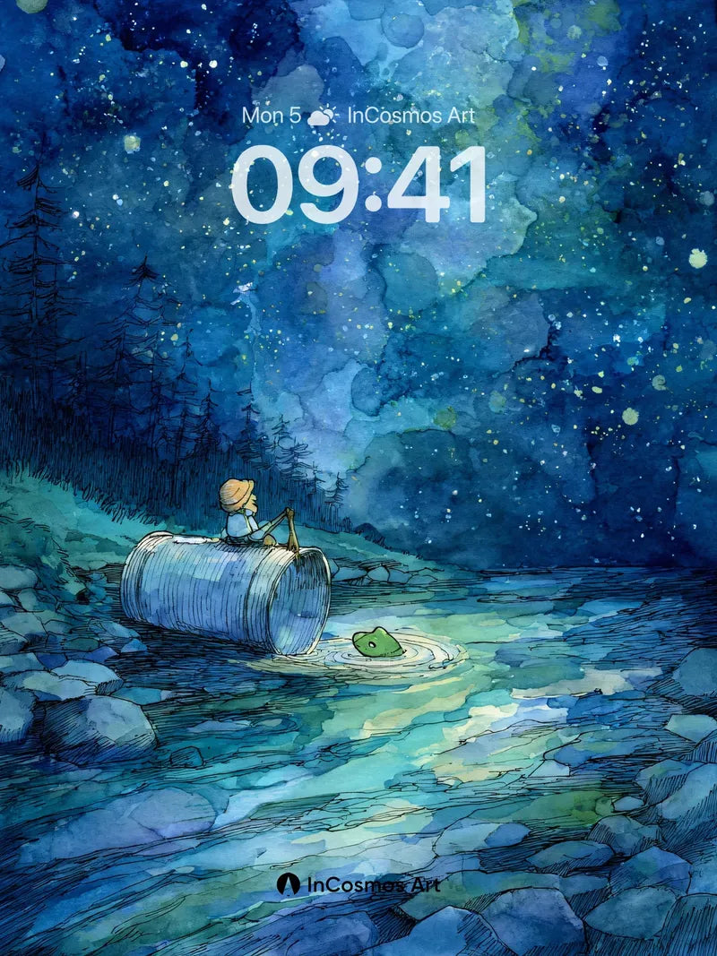 Starry River Journey Wallpaper with Tin Can Boat