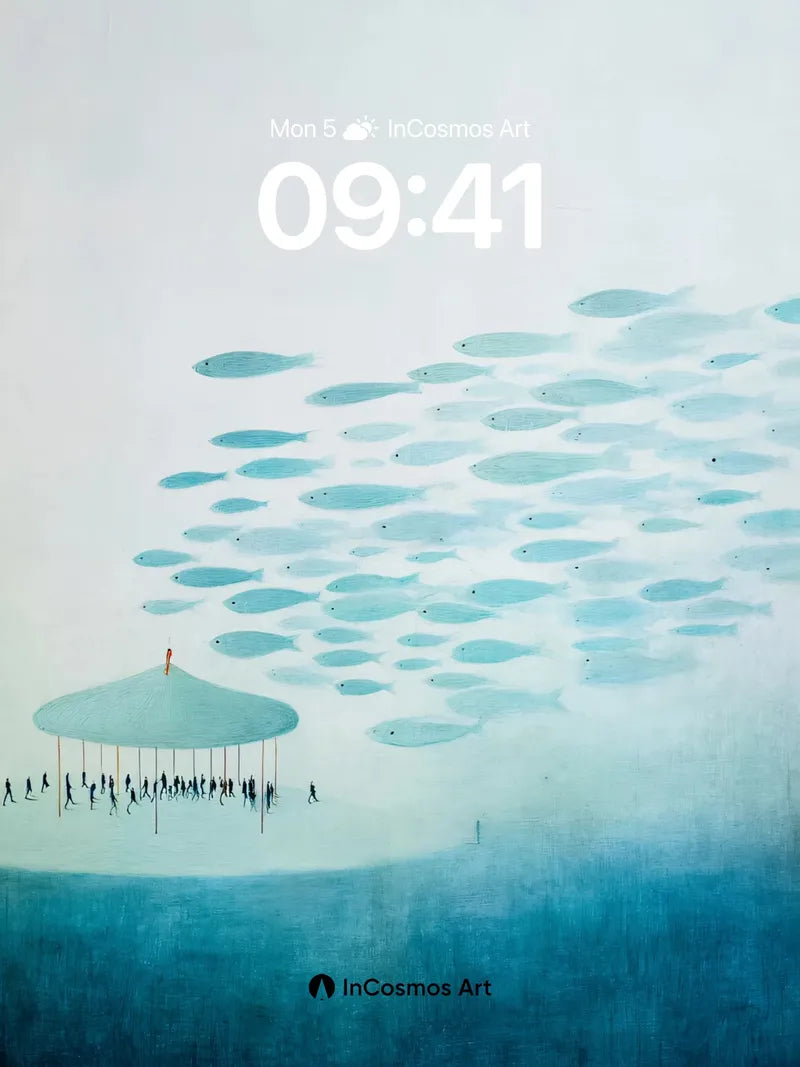 Surreal School Wallpaper with Floating Umbrella wallpaper for iPhone, iPad & Mac
