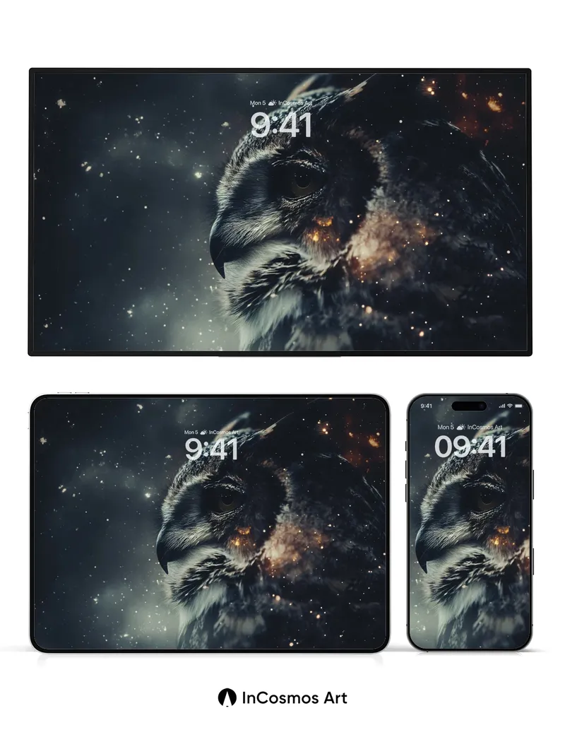 Cosmic Watcher Wallpaper with Starlit Feathers