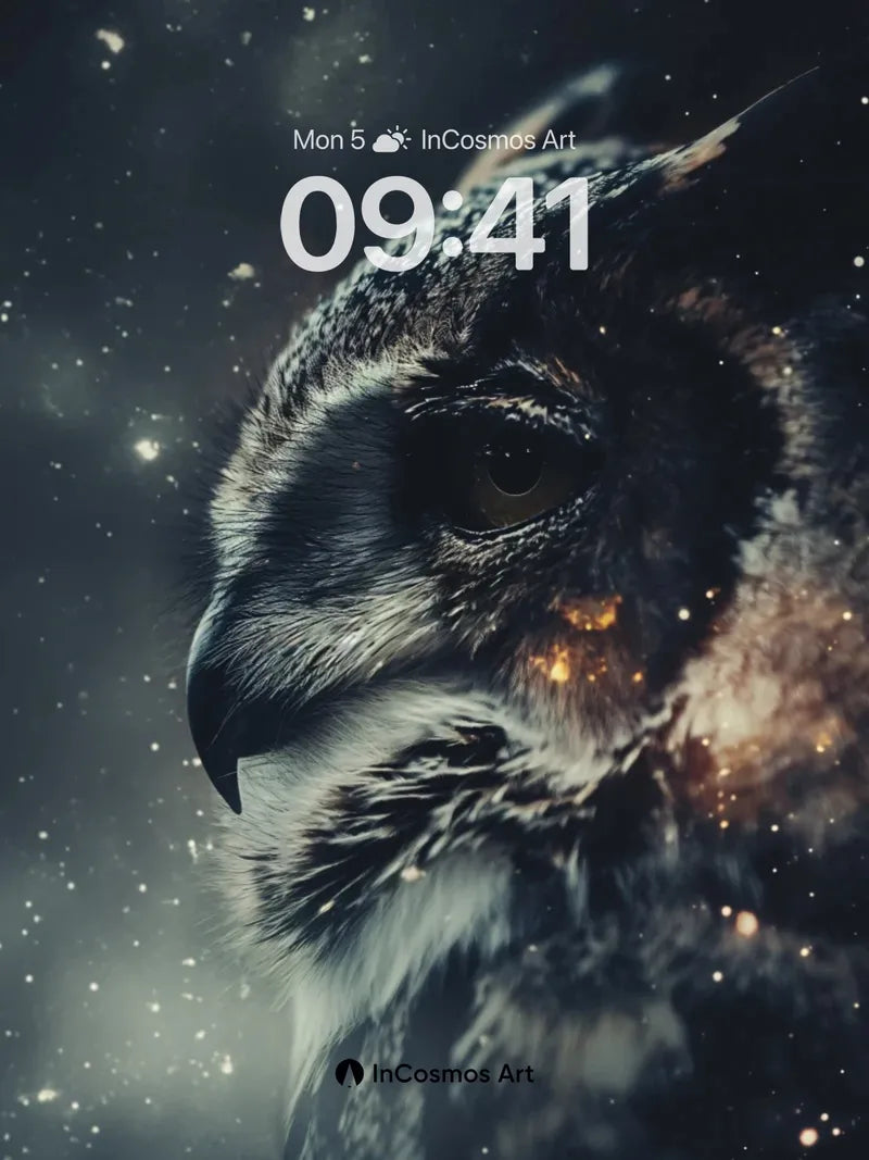 Cosmic Watcher Wallpaper with Starlit Feathers