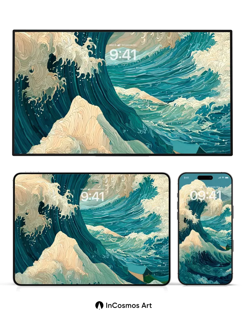 Crimson Surge Wallpaper with Hokusai Waves