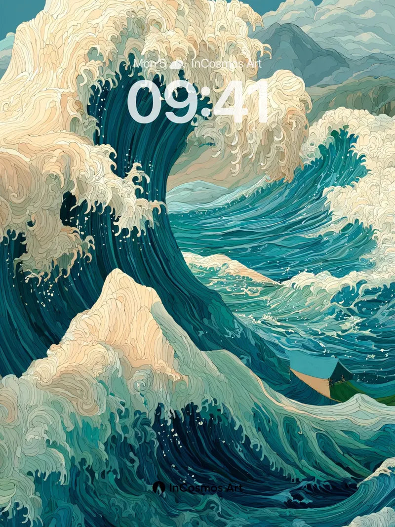 Crimson Surge Wallpaper with Hokusai Waves wallpaper for iPhone, iPad & Mac