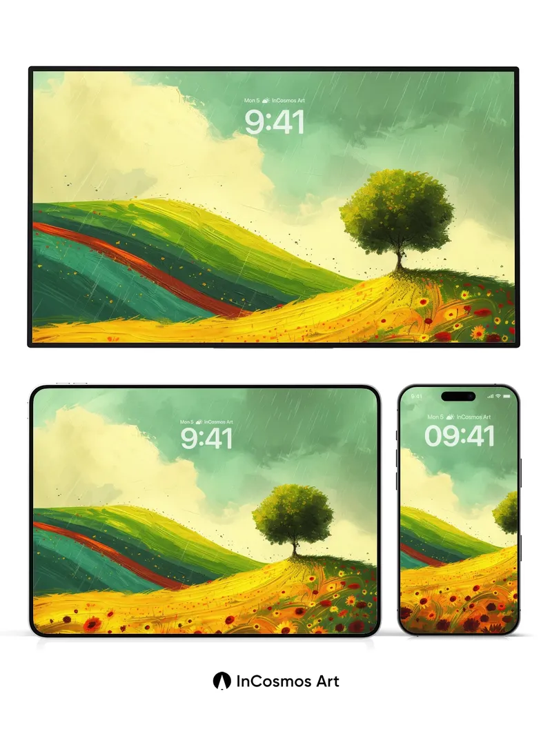 Rain-Kissed Meadow Wallpaper with Solitary Tree