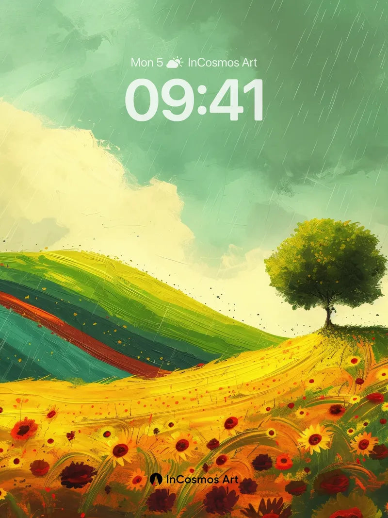 Rain-Kissed Meadow Wallpaper with Solitary Tree