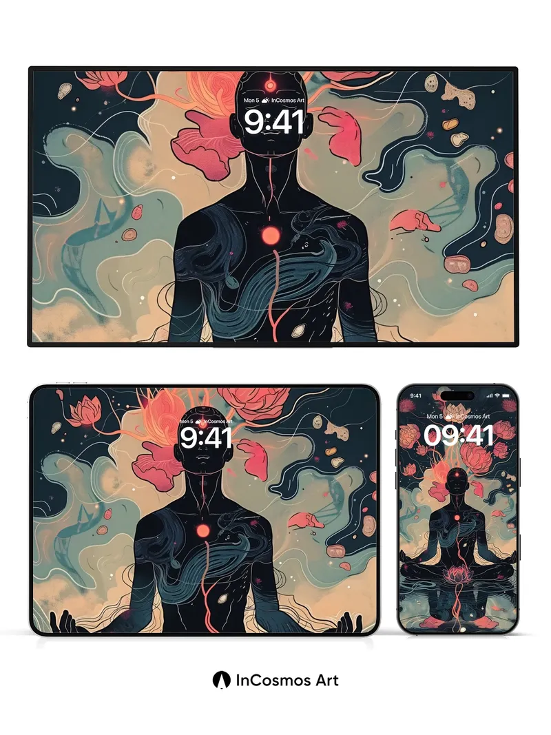 Cosmic Bloom Wallpaper with Floating Lotus Energy