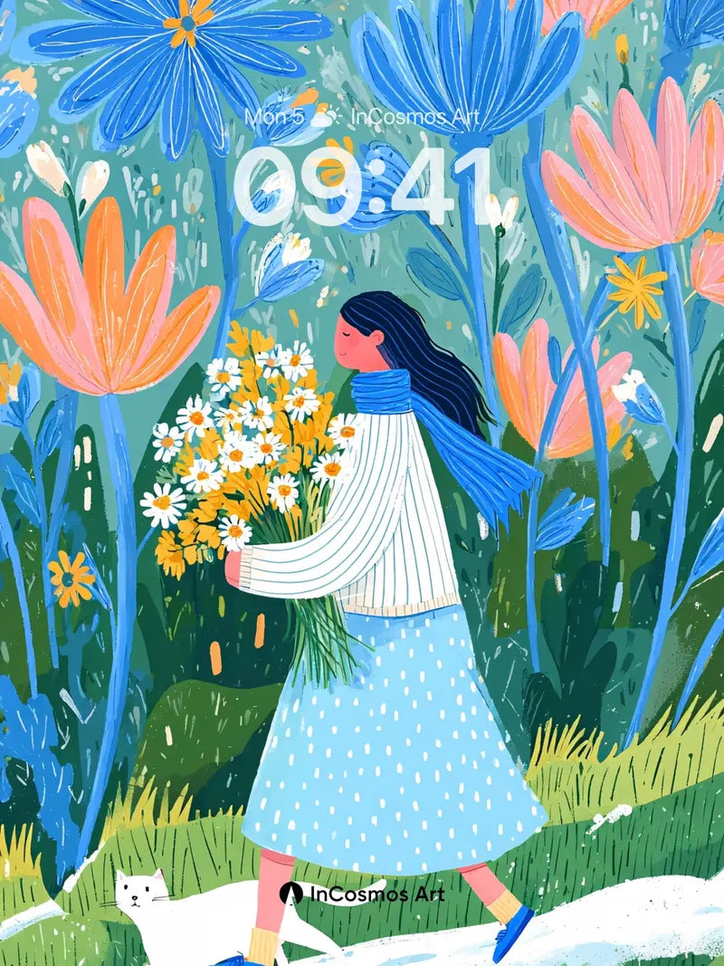 Whispering Bloom Wallpaper with Feline Companion