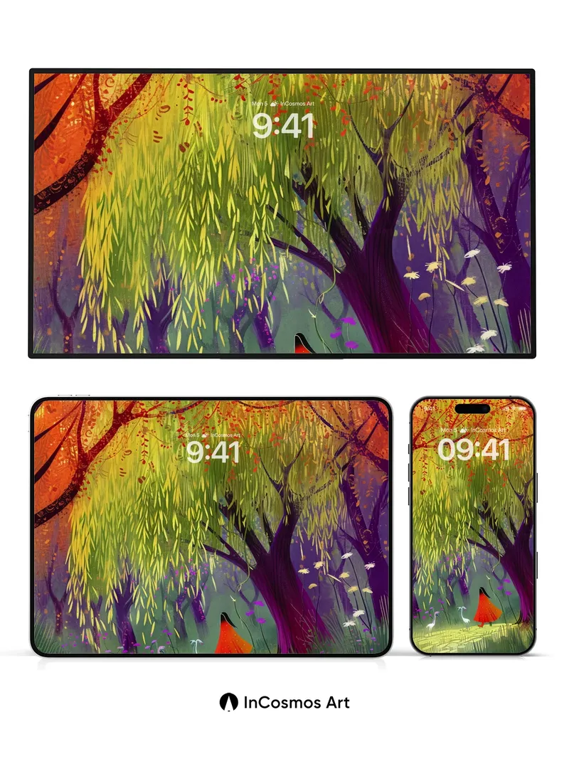 Autumn Whispers Wallpaper with Crimson Cloak