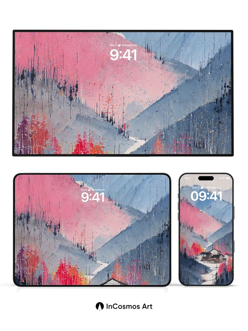 Frost-Whispered Mountain Wallpaper with Crimson Echoes