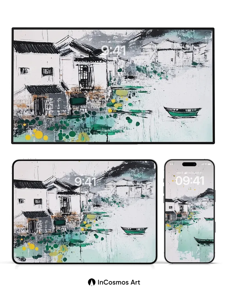 Serenity Ink Wallpaper with Floating Boats