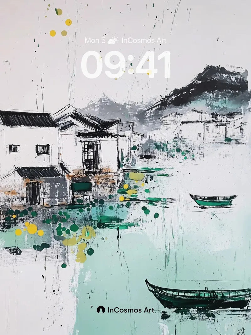 Serenity Ink Wallpaper with Floating Boats