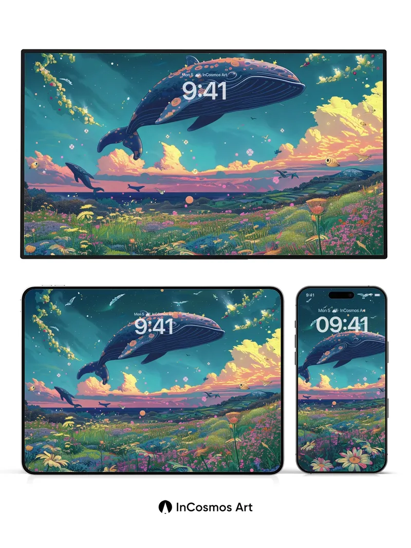 Celestial Whale Wallpaper with Floating Flowers