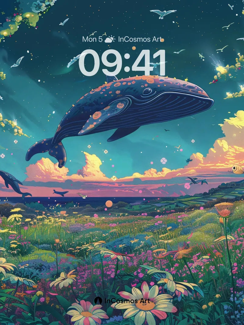 Celestial Whale Wallpaper with Floating Flowers