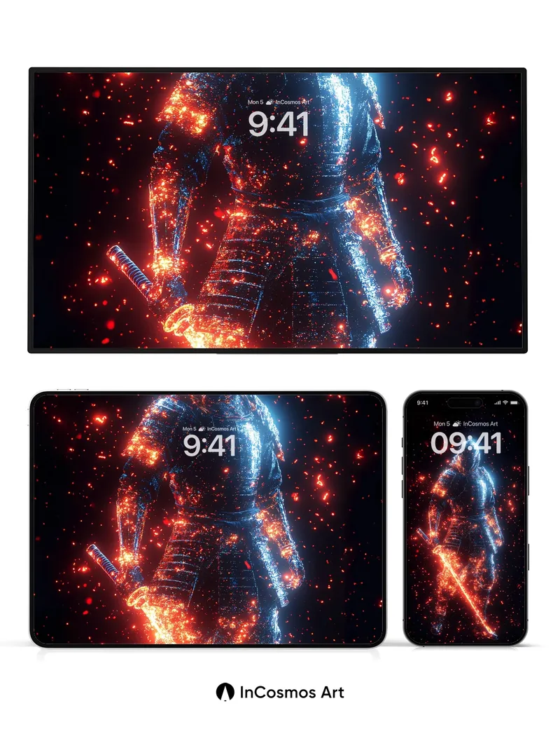 Cosmic Ember Warrior Wallpaper with Digital Flame