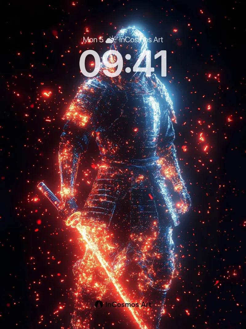 Cosmic Ember Warrior Wallpaper with Digital Flame