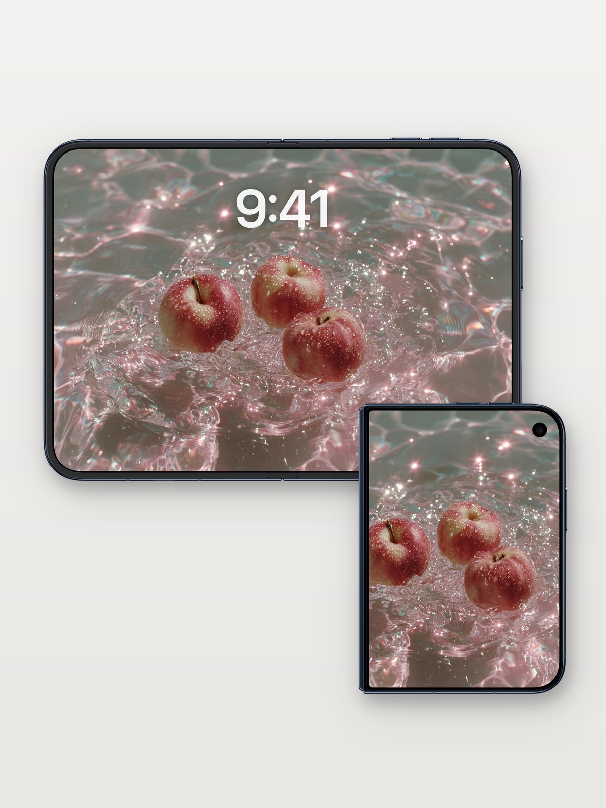Luminous Float Wallpaper with Apple Reflections on iPhone Duo, open and closed