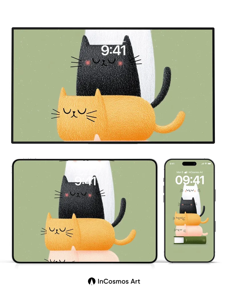 Serene Stack Wallpaper with Feline Harmony