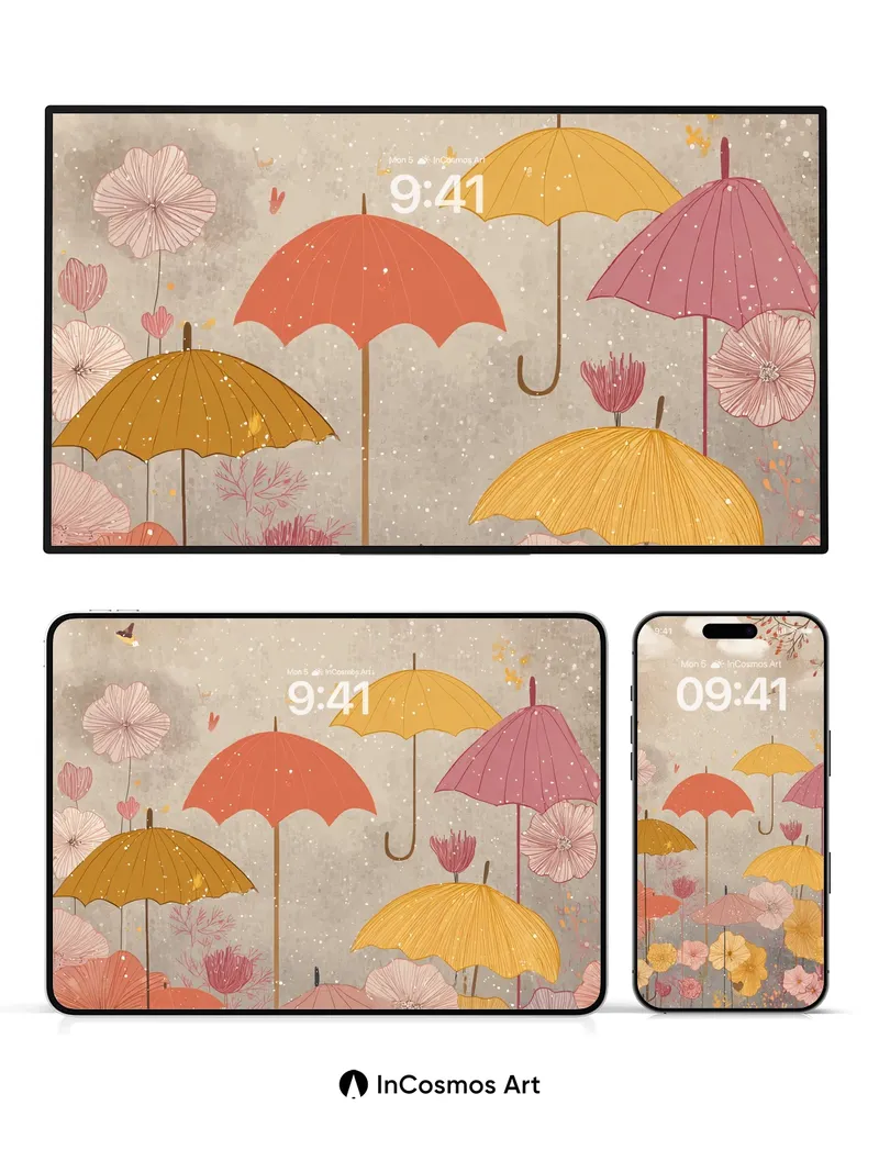Whispering Umbrellas Wallpaper with Floating Petals