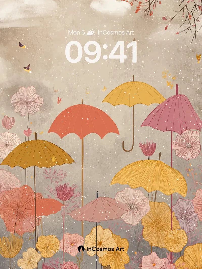 Whispering Umbrellas Wallpaper with Floating Petals