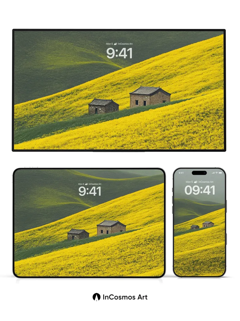 Golden Hush Wallpaper with Stone Hut Whispers