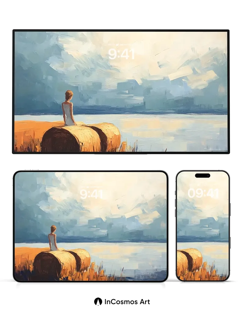 Serenity Haybale Wallpaper with Distant Sky